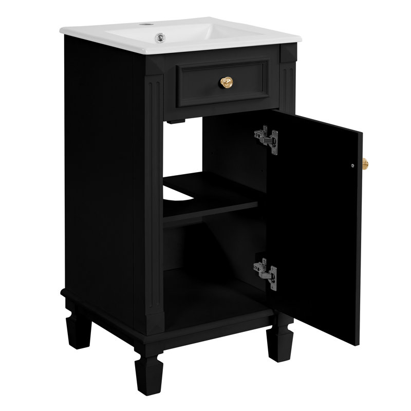 Meuble-lavabo de 45,7 cm (18 pouces) avec lavabo en céramique, meuble-lavabo simple sur pied avec porte à fermeture douce, tablette réglable, style français, noir
