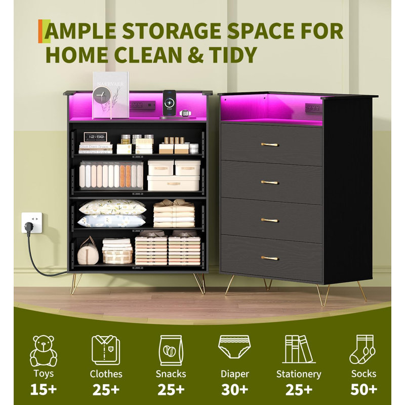 Commode 4 tiroirs pour chambre à coucher avec station de charge et lumières RVB, grande commode moderne en bois avec contrôle d'application, grande armoire de rangement pour chambre à coucher, salon, placard