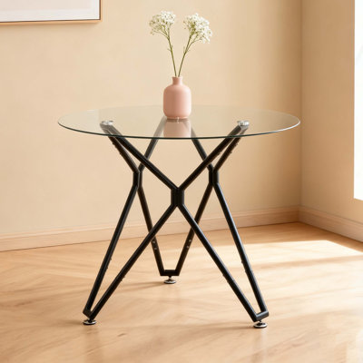 Round Tempered Glass Dining Table with Sturdy Metal Legs for Compact Spaces