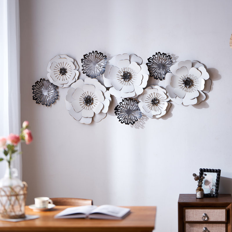 Metal Wall Art with Layered Flowers in White and Gray 57 Inch Wide 3D Floral Wall Decor for Living Room Bedroom or Entryway
