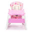 Chaise d'activité sécurisée avec base stable et trait rose, plateau d'alimentation réglable à 5 boucles,