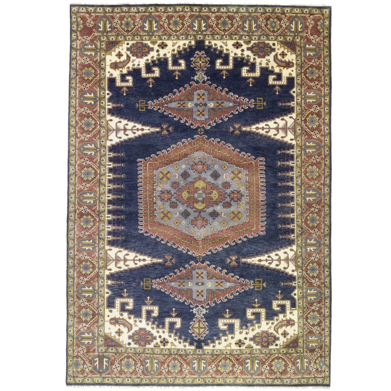Tapis oriental bleu / rouge en laine noué à la main 9 pi 9 po x 14 pi Oriental