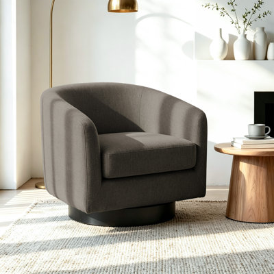 Applewold Upholstered Tan Chenille Swivel Barrel Chair with Solid Wood Base