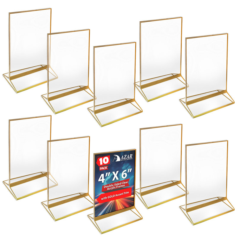 Double-Sided Clear Acrylic Frames with Gold Accent Trim 4" Wide x 6" High, 10 Pack