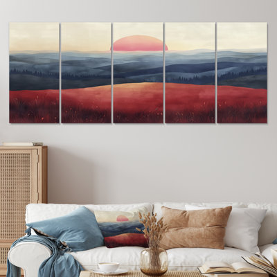 Red Blue Abstract Sunset Mountain Landscapes I - Landscape Mountains Wall Art Living Room Set