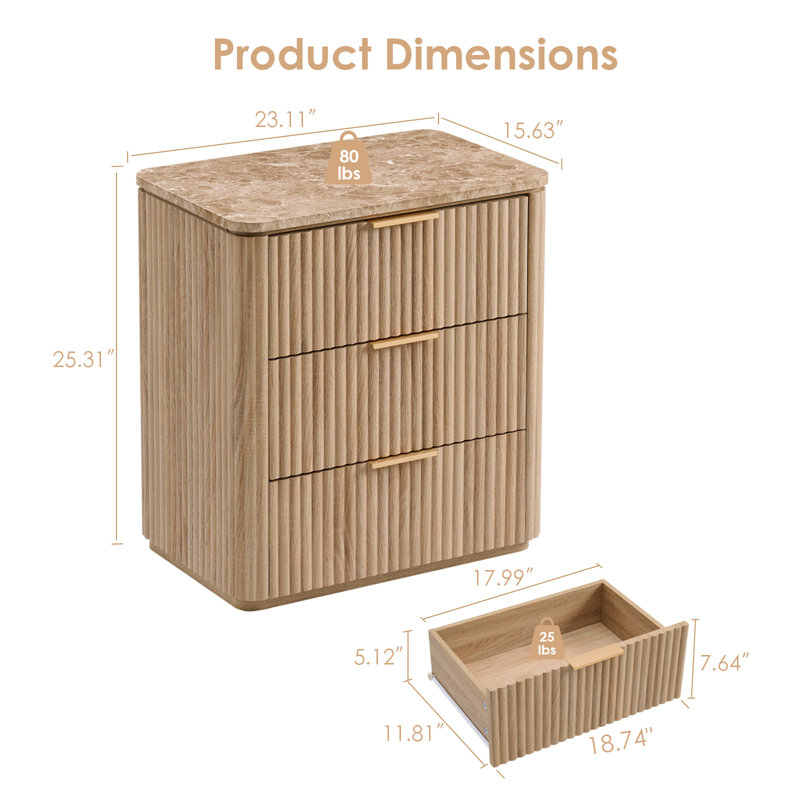 Nightstand Set of 2 with 3-Drawer, Wood Bedside Table with 1.97"-Thick Fluted Side Panels and Faux Marble Top, Set of 2