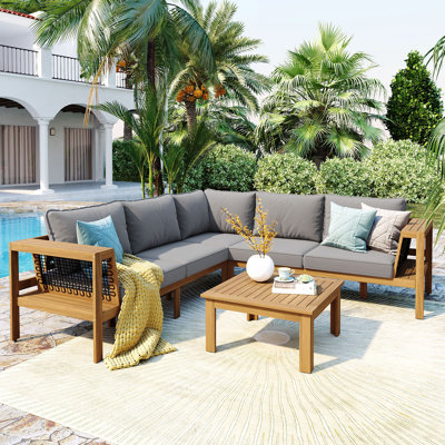4 Pieces Outdoor Acacia Wood Sofa Set, Woven Mesh Armrests, L-Shaped Patio Furniture Sofa Set With Coffee Table, Outdoor Conversation Set With Cushions And Side Table