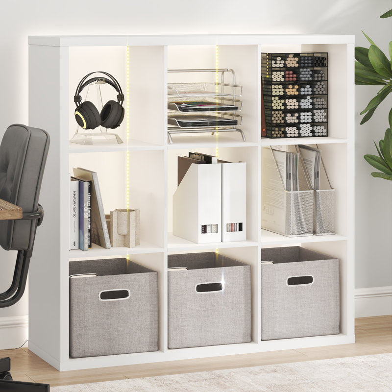 Furinno CUBICLE Book Shelf with LED Lights, 9-Cube LED Bookshelf, Reversible Extra Thick Frame Bookcase, Display Storage Shelves, for Living Room, Bedroom, Home Office, White
