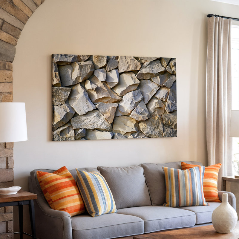 Toile vue de près d'un mur texturé avec art mural irrégulier en forme de morceaux de pierre angulaires de couleur beige doux