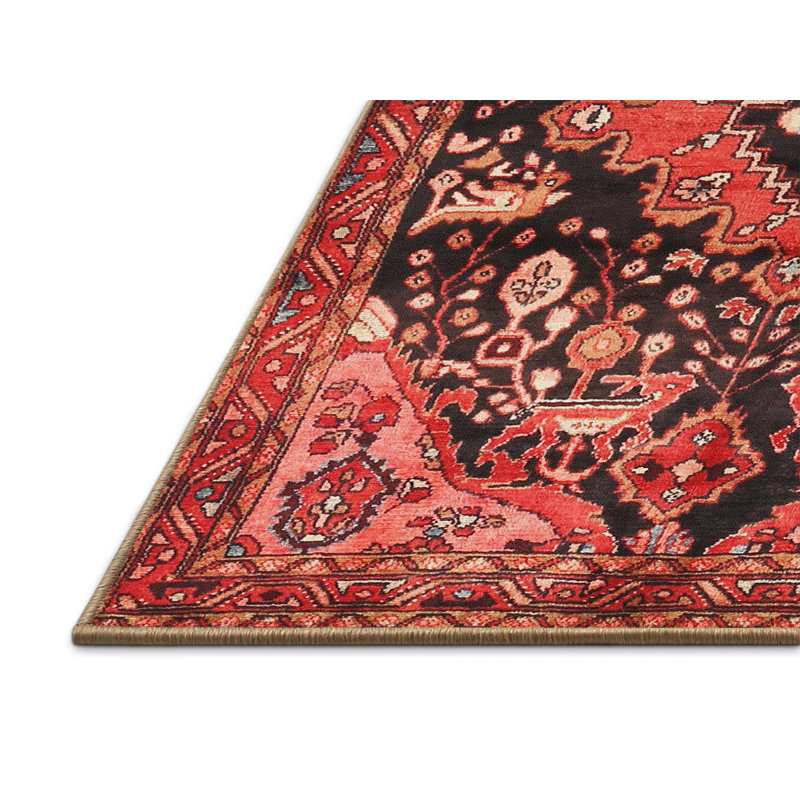 Tapis oriental en laine et polyester rouge et noir tissé au métier mécanique, Rectangle 5 pi x 7 pi