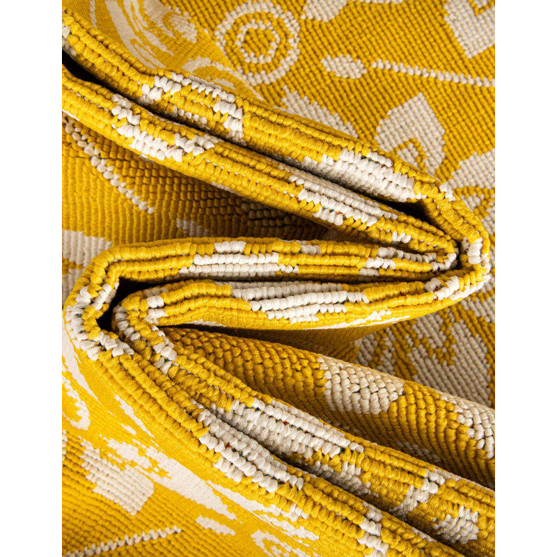 Yellow and Ivory Floral Flat Woven Outdoor Runner Rug