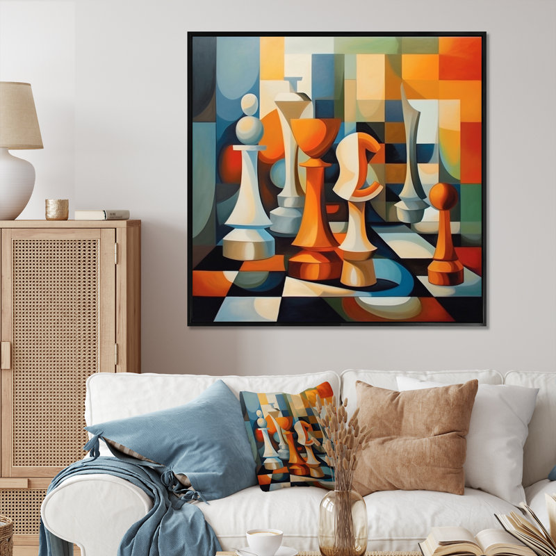 Chaos structuré orange et bleu sur toile, H 16 po x l 16 po x P 1 po, Cadre flottant noir