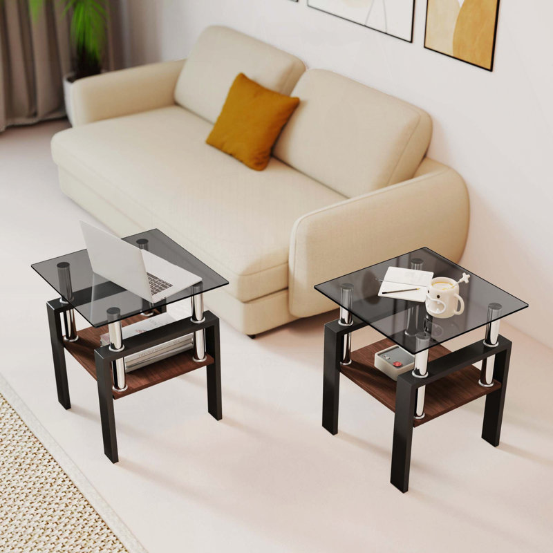 Ensemble 2 pièces table de bout et table basse en verre trempé moderne - gris / noir