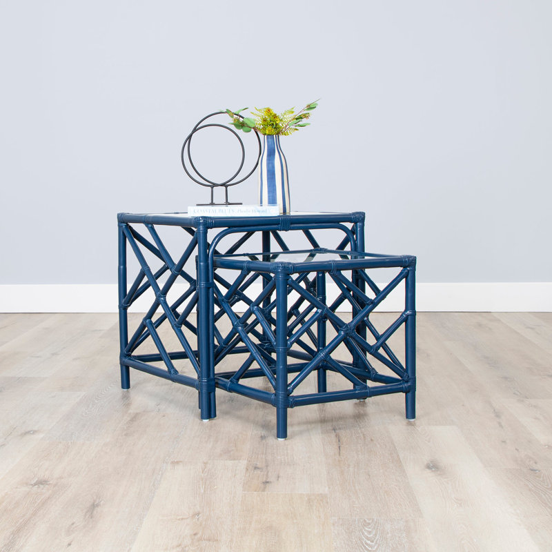 Chippendale Glass Nesting End Table, Navy