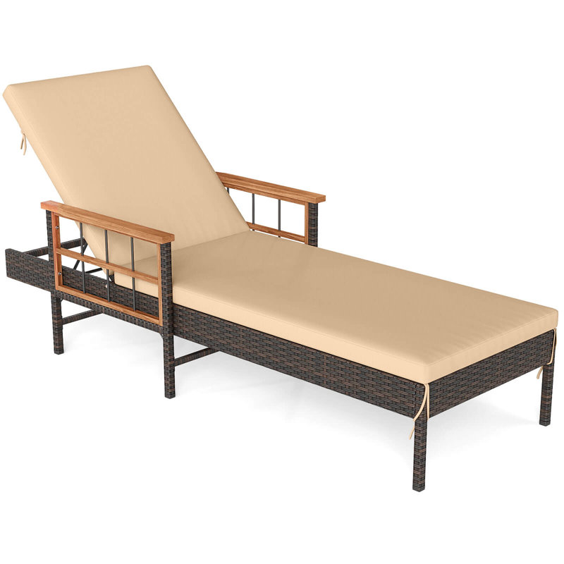 1PCS Patio Rattan Chaise Lounge Outdoor Reclining Lounger Chair with Wood Armrests, 1