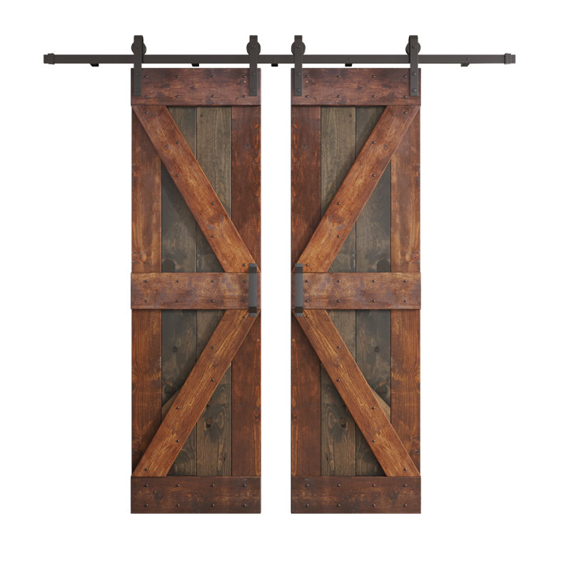 Porte de grange double à panneaux K Series avec quincaillerie d'installation, 48 po x 84 po, Tonneau vieilli / noyer foncé