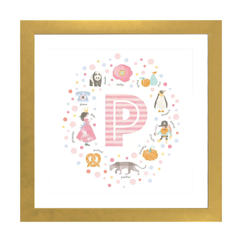 Lettre illustrée P rose - impression, Blanc, H 24 po x l 24 po x p 1 po, Papier encadré doré