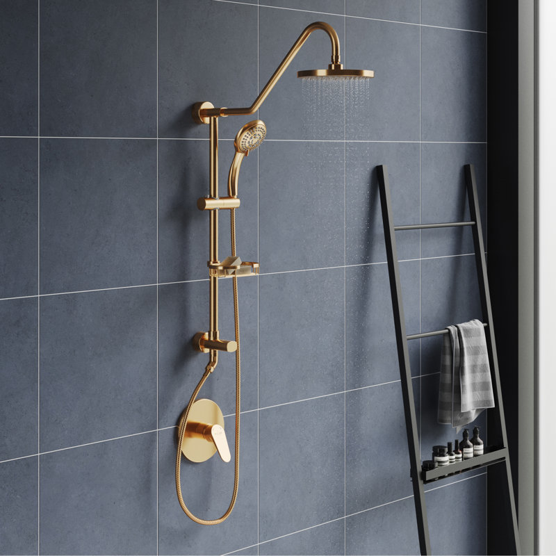 Kauai III 8-in Rain Showerhead Shower System with Slide Bar and Integrated Soap Dish 1.8 GPM, Brushed Gold
