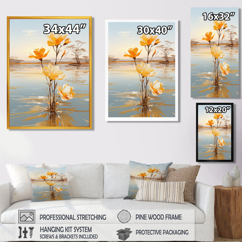 Fleurs jaunes printanières dans le lac - Art mural floral, H 20 po x l 12 po x P 1 po, Toile avec cadre flottant noir