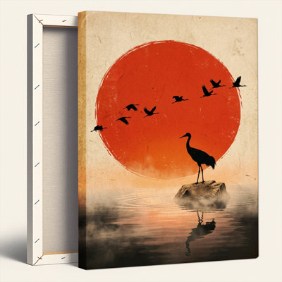 «Gallery Wrap», art mural sur toile pour le salon, la chambre à coucher, le bureau ou le vestibule - décoration murale décorative avec grue au coucher du soleil