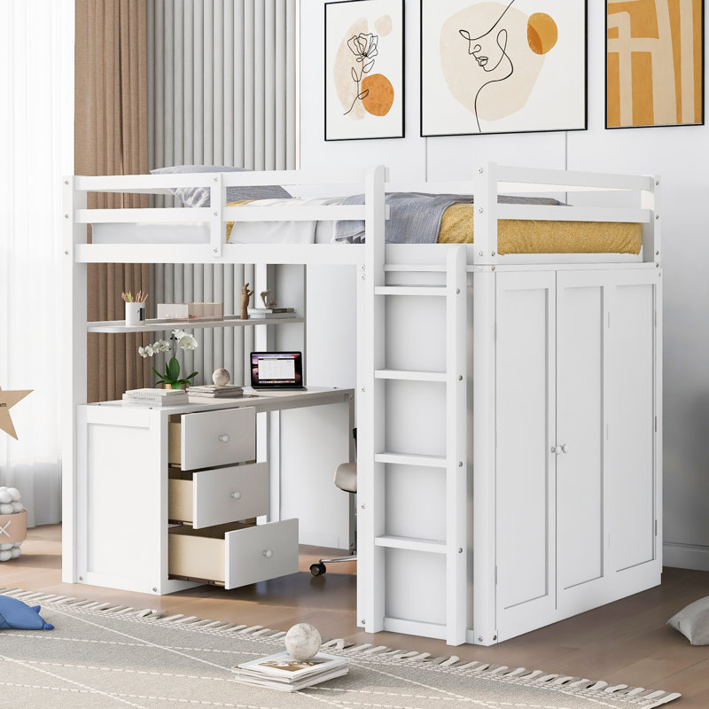 Lit mezzanine avec tiroirs, bureau, garde-robe, structure en bois robuste, solution pratique et pratique de rangement et d'étude