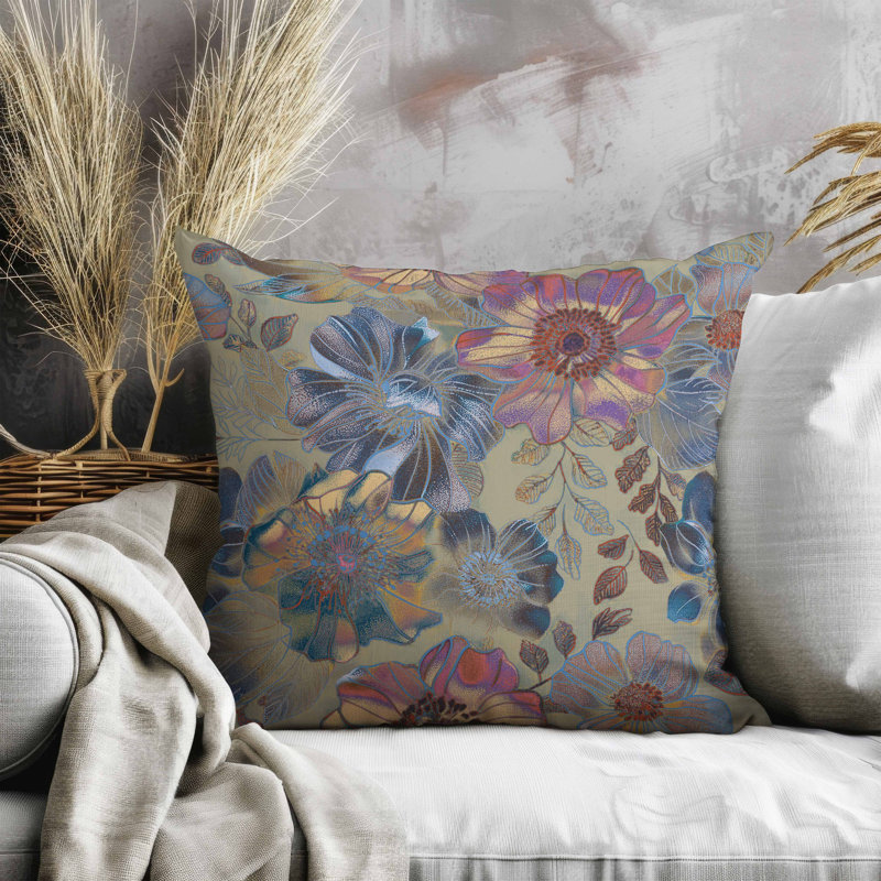 Coussin Painted Petalscape, Carré 20 po, Vert / Beige / Mauve