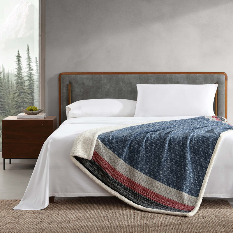 Eddie Bauer Printed Plush Fleece/Sherpa Oversized Throw Blanket, Fair Isle Blue