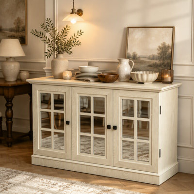 Armoire de rangement de 45 po de largeur avec 3 portes en miroir en acrylique, buffet avec tablettes réglables pour le salon, la salle à manger et la cuisine, fabriquée avec des stratifiés décoratifs et un support en panneau de fibres à densité moyenne