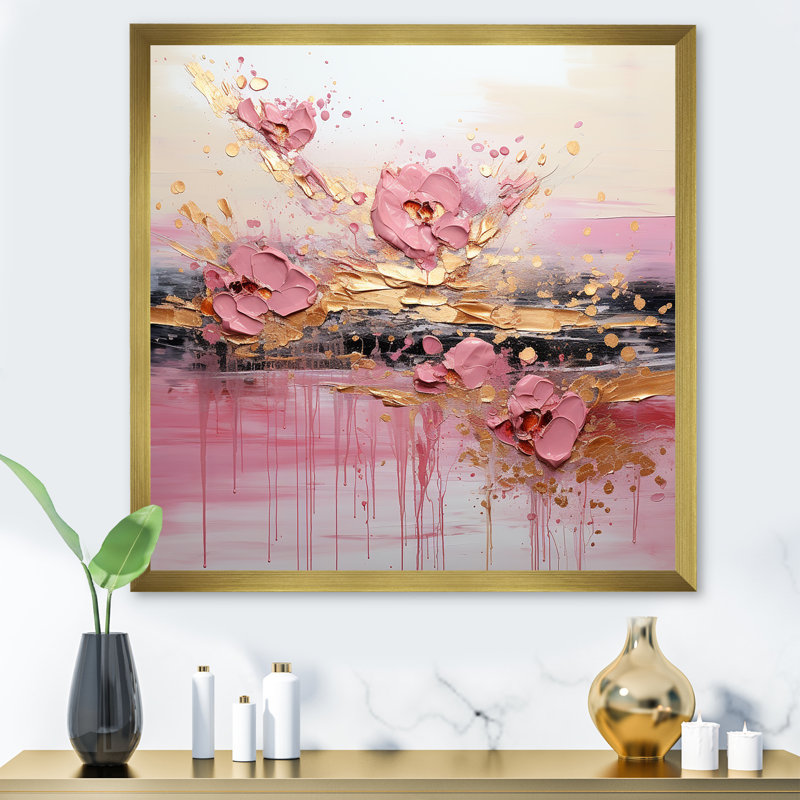 Art moderne sur toile, or et rose, Cadre doré simple, H 16 po x l 16 po x P 1 po