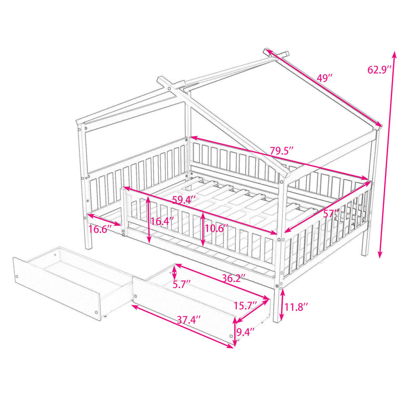 Heulwen Two Drawers Wooden House Bed, Full, Gray