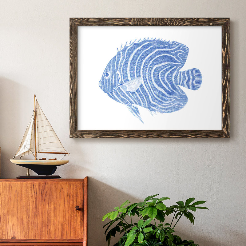 «Blue & White Tropical Fish II», reproduction d'art sur toile, Cadre noyer, H 28 po x l 42 po x P 1,5 po