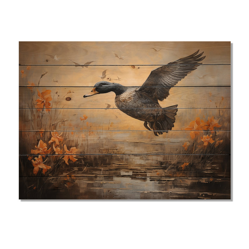 Vol de canard rétro à l'étang I - animal de canard sur bois, H 24 po x l 32 po x P 0,78 po