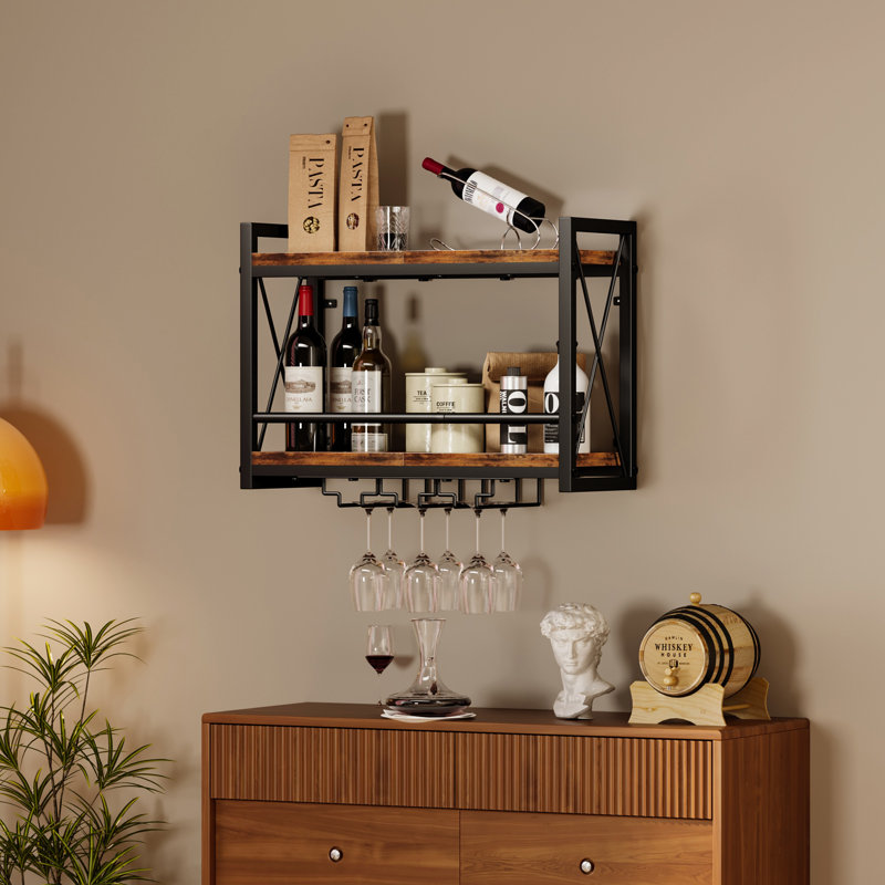 Support à vin mural, porte-bouteilles l 23,62 po et porte-verres rétro en bois-métal, rangement pour présentoir de bouteilles de vin pour la cuisine, la salle à manger et le bar à la maison