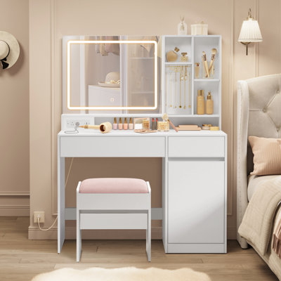 43.3"W Chelly Vanity Desk With Mirror And Lights, stool and charging