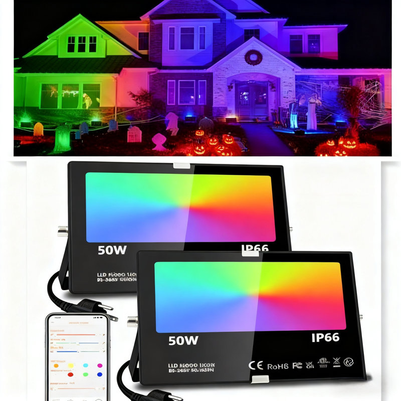 LED Flood Light Outdoor, 500W Equivalent 5000LM Smart RGB Landscape Lighting With APP Control, DIY Scenes - Timing - Warm White 2700K - Color Changing Uplight, IP66 Waterproof US Plug (2 Pack)