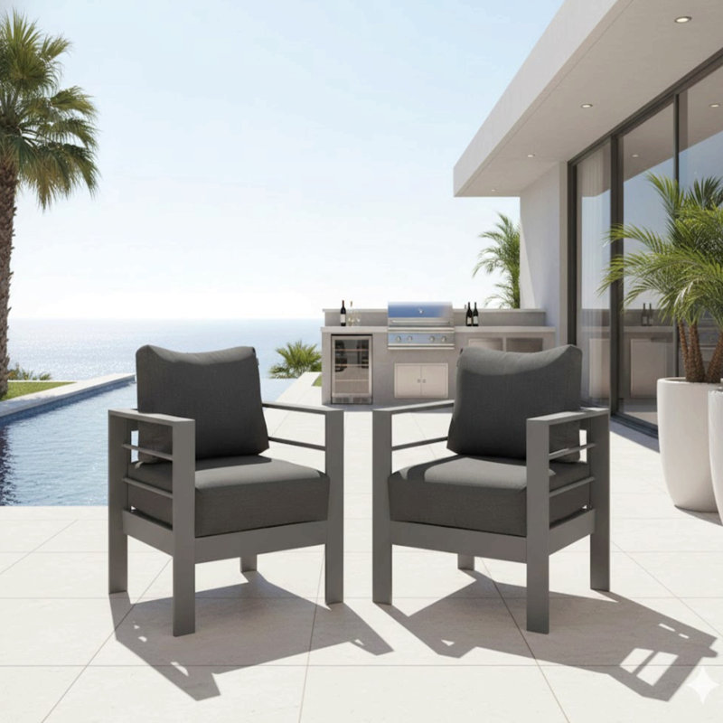 2-Pack 28" All-Weather Aluminum Patio Armchairs With Thick Dark Gray Cushions & Gray Frame, Gray, Dark Gray