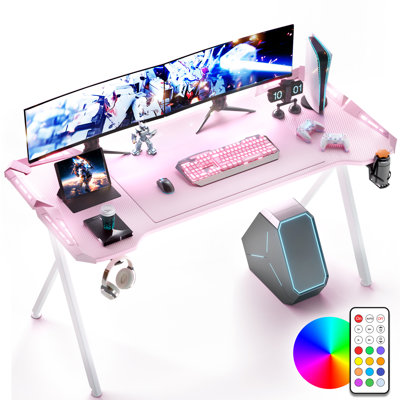 48in Gaming Desk with LED Lights, RGB Computer Table with Carbon Fiber Surface, Home Office Desk with Remote Control, PC Workstation with Cup Holder a by Inbox Zero