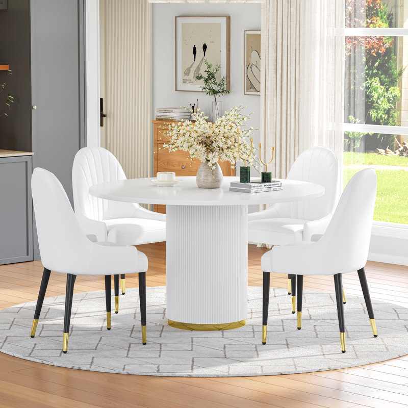 Modern Round Dining Table Set With Upholstered Chairs, Pedestal Base Kitchen Set For 2-4, Space-Saving Breakfast Nook Furniture