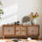 60" Distressed Mid-Century Rattan TV Stand for 55-65" TVs, Boho Vintage Media Console with Adjustable Shelf, 2 Drawers & 2 Doors, Customizable Finish, Solid Wood Legs