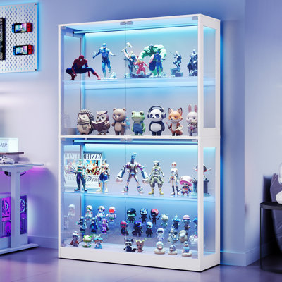 Modern RGB LED Display Cabinet with Adjustable Glass Shelves and Press-to-Open Doors, 4-Tier, 70" H x 45" L x 16" D, White