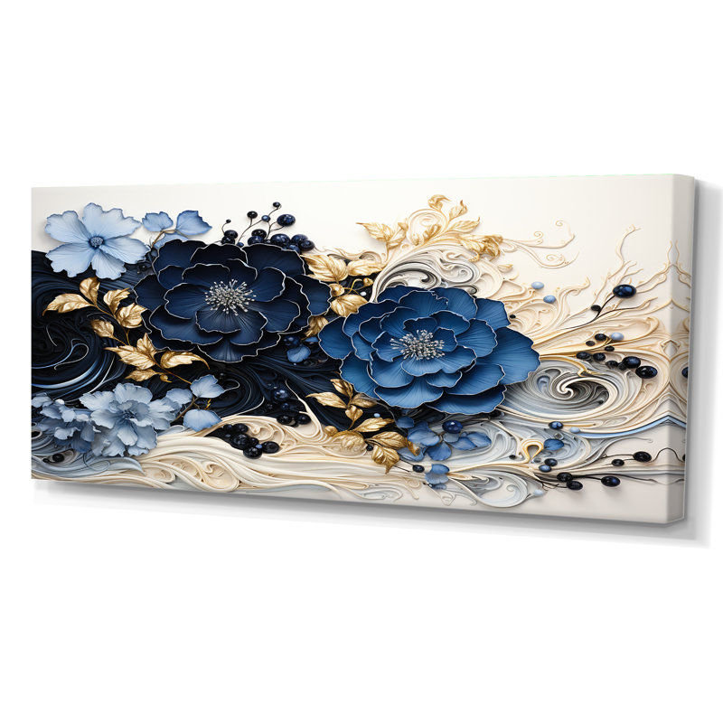 Encre bleue bleue WildFloers, encre liquide I - fleurs modernes, H 28 po x l 60 po, Wrapped Canvas, Sans cadre