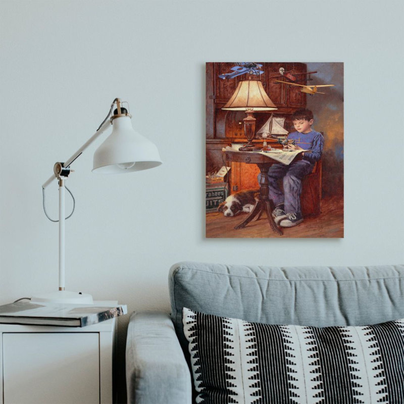 Impression d’art graphique garçon avec avion chien chien bleu par Jim Daly, H 30 po x l 24 po, Wrapped Canvas