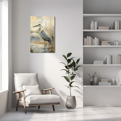 Héron sur toile, image d'oiseau, héron gris sur la plage, reproduction d'art abstrait de style côtier pour décor de ferme rustique (gris, 16 po x 24 po)