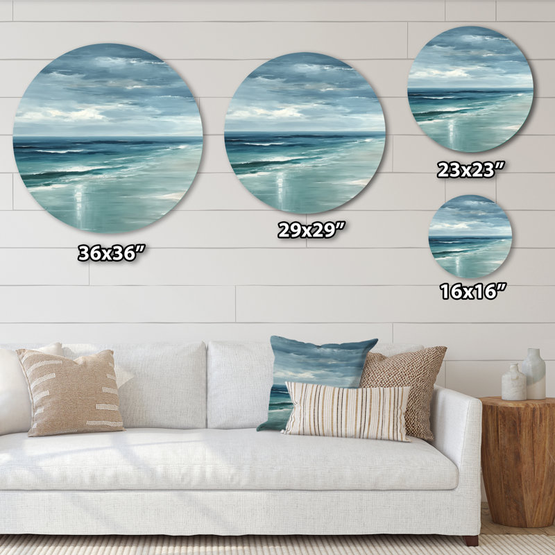 Vagues côtières dans des tons bleus et blancs - Décoration murale ronde traditionnelle en métal, L 16 po x H 16 po