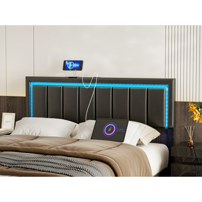 Jorelus LED Upholstered Headboard with 2 USB Ports, Adjustable Height - Faux Leather Headboard