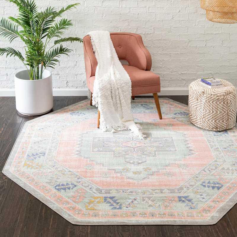 Tapis oriental rose poudré Pointe, Octogone 7 pi x 7 pi