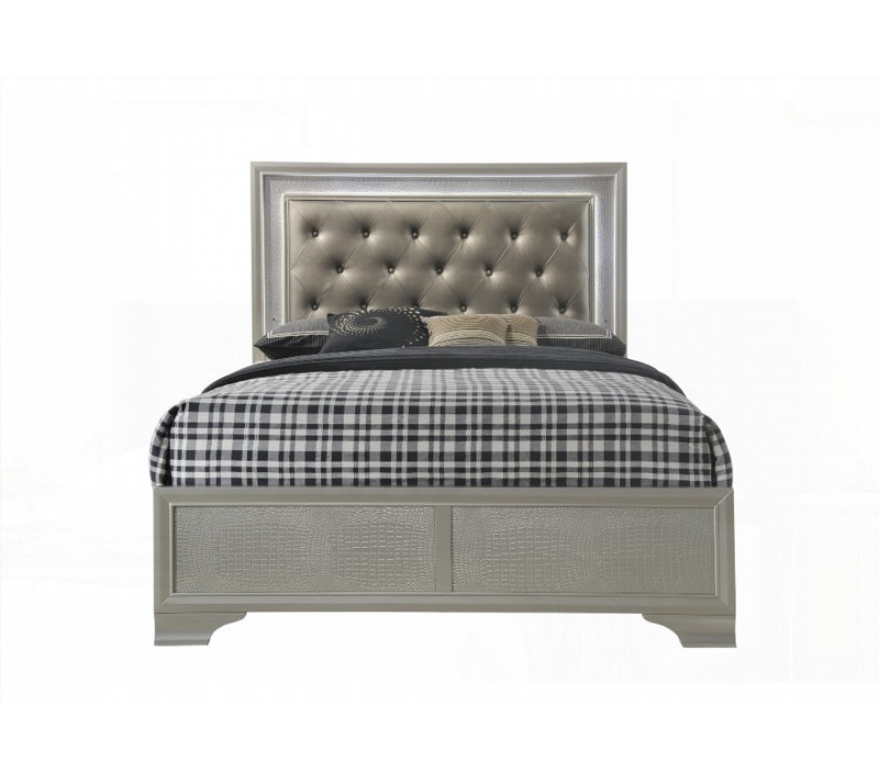 Cadre de lit moderne grand format avec finition en crocodile champagne et amp; Lumières DEL (aucun sommier requis, durable)