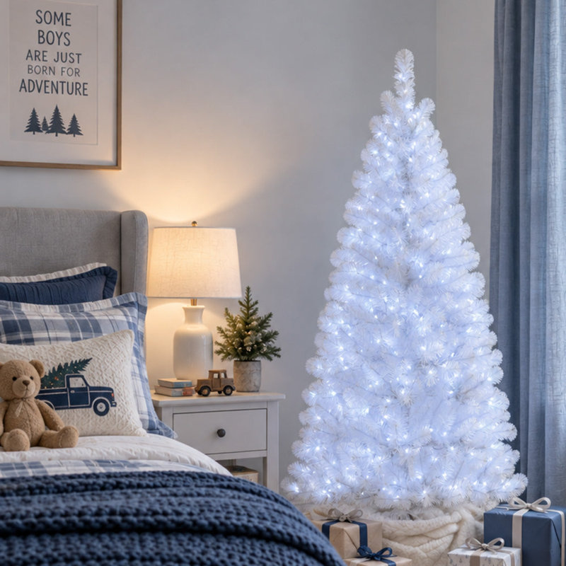 Arbre de Noël blanc de 5 pieds avec lumières DEL roses et bleues