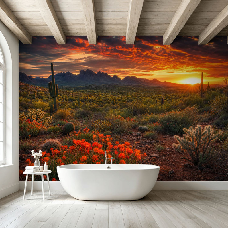 Papier peint adhésif peler et coller Cactus Wildflower Desert Sunset Vibrant Sky Mountains, art mural auto-adhésif et amovible