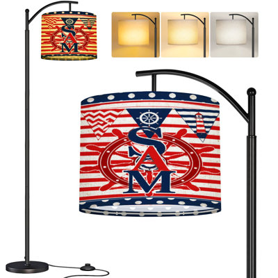  Arc Floor Lamp Nautical Ship Wheel Flag Striped Tall Modern Standing Lamp LED Adjustable Linen Lampshade 3 Color Temperatures